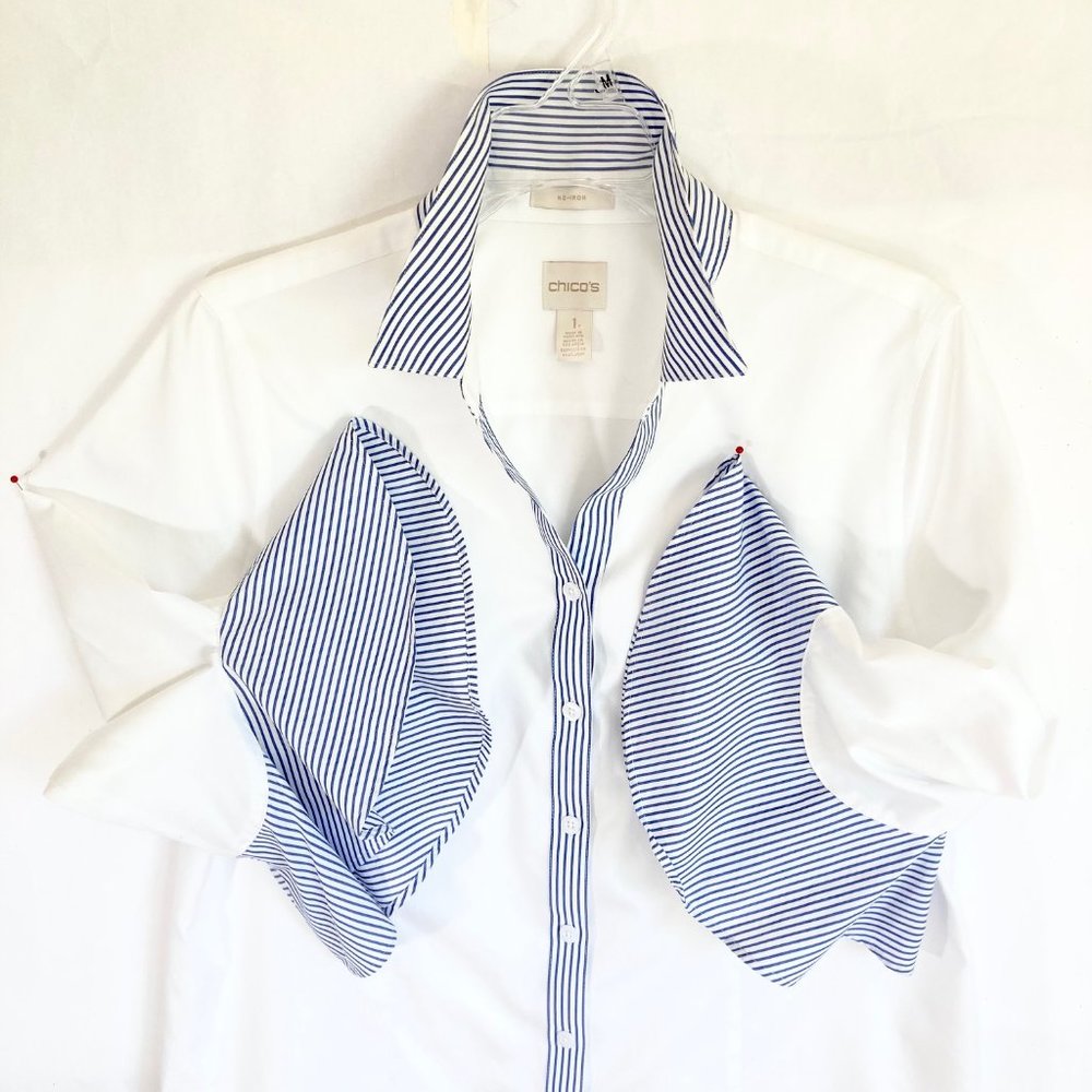 Chico's No-Iron White Cotton Sateen Bell Sleeves Fitted Shirt Sz 1/US 8,10